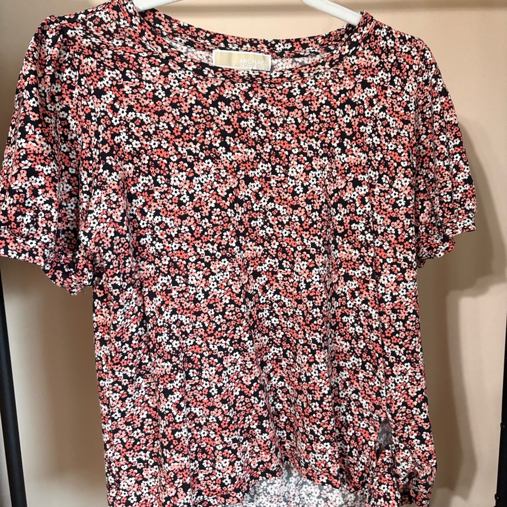 Michael Kors Black Short-Sleeve Floral Tee with Pink and White Blossoms